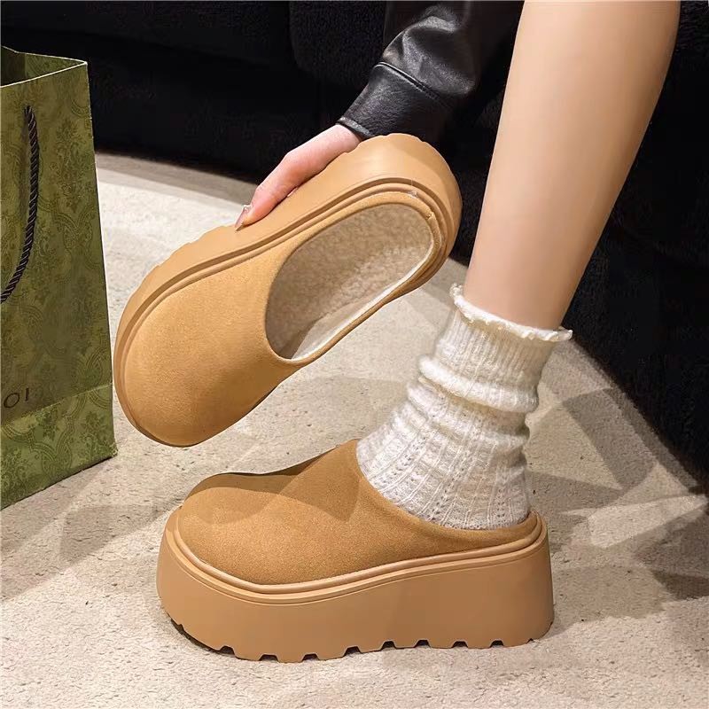 Hàn Quốc Bánh xốp đầu tròn đế cao gót giày Muller cao gót PU da lộn thời trang màu trơn Retro cao cấp Thanh Niên xỏ chân ấm Dép lười nhà máy Giá Sỉ