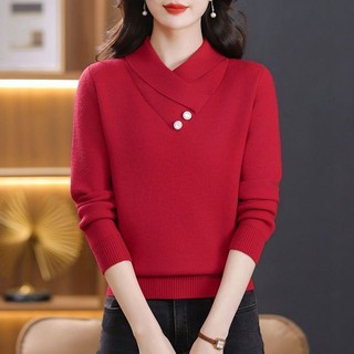 Mẹ Trung Niên Áo Len Đỏ Nữ Dày Thu Đông Thời Trang Ấm Áp Bên Trong Đáy