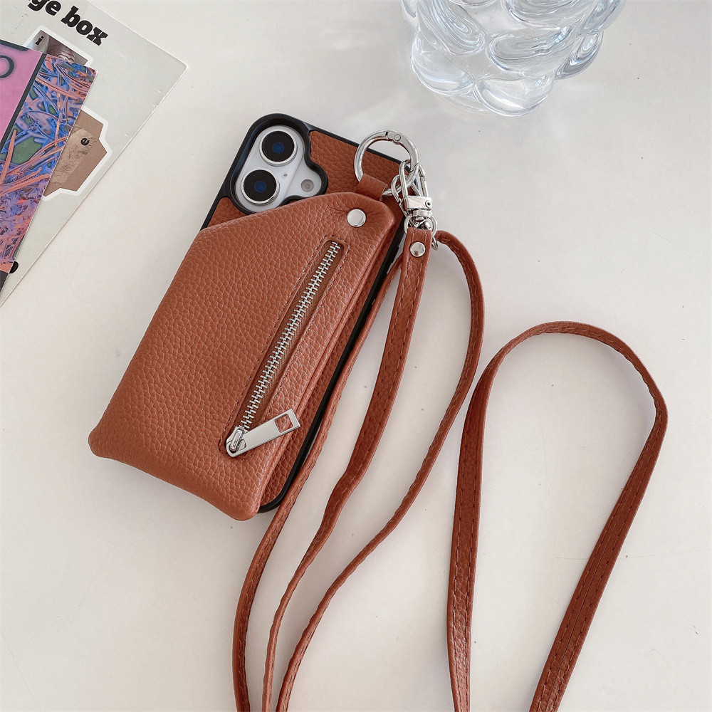 Ốp Điện Thoại Đeo Ngang Cho IPhone 13 12 Mini 16 15 14 11 Pro XS Max X XR 7 8 Plus Ví Dây Kéo Có Đựng Thẻ Da PU