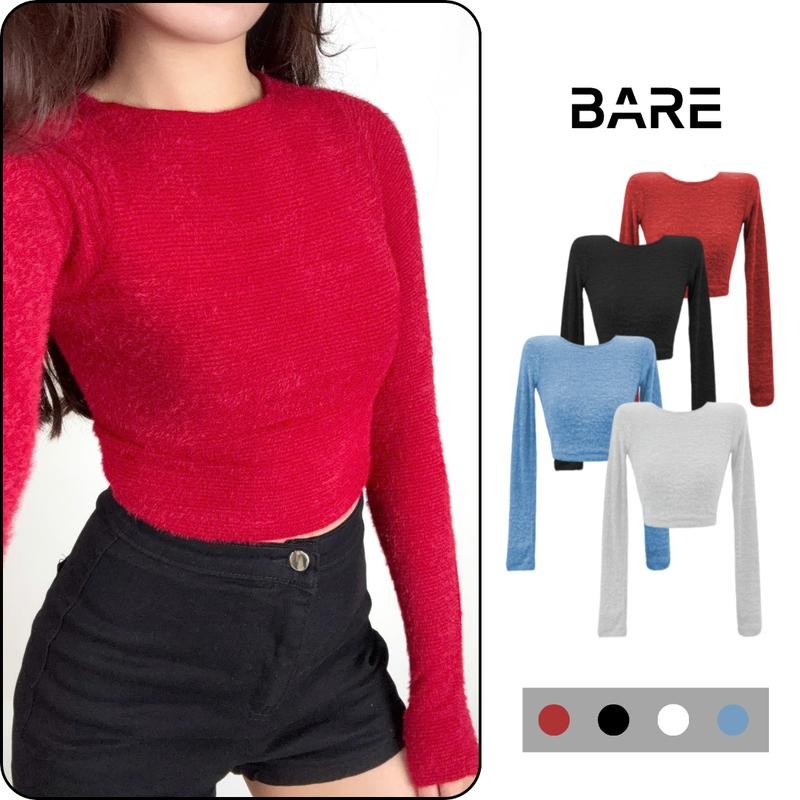 BARE_ Áo Kiểu Croptop Cổ Tròn Lông Tay Dài, Áo Lông Ôm Body Có Độ Co Giãn Mềm Mịn_A417 Nữ Women Women