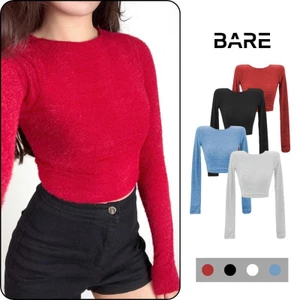 BARE_ Áo Kiểu Croptop Cổ Tròn Lông Tay Dài, Áo Lông Ôm Body Có Độ Co Giãn Mềm Mịn_A417 Nữ Women Women