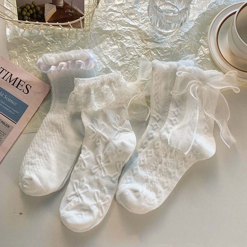 Tất lolita cho nữ tất ren nơ Chất liệu cotton thoáng mát, thấm hút mồ hôi