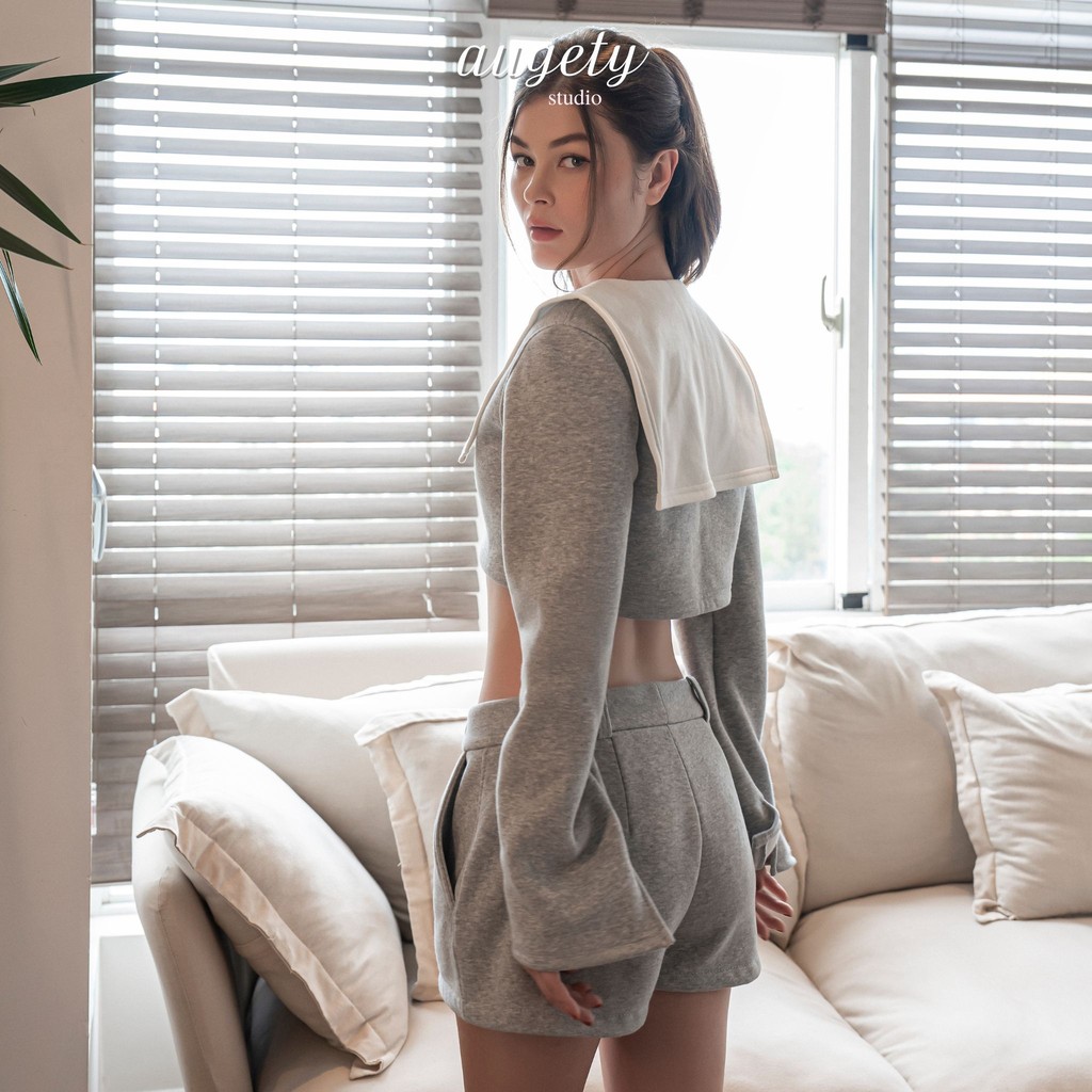 Áo Khoác Nỉ Tay Dài Form Croptop Vạt Cổ Bản To Augety Studio, NICO CROPPED Sweat Jacket