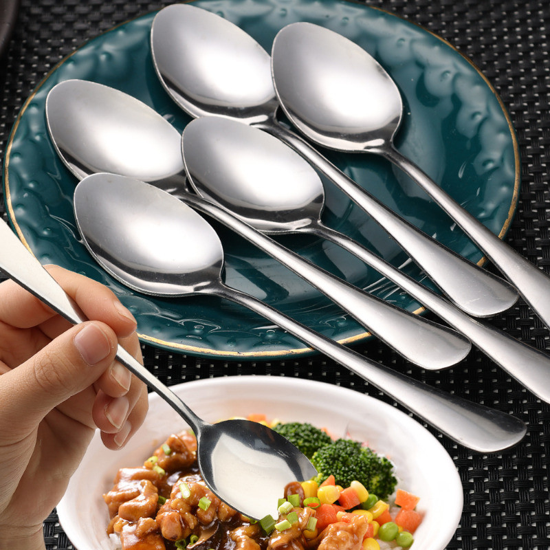 5 / 10 / 15 Chiếc Thìa Ăn Bằng Thép Không Gỉ Dày Dao Kéo / Tay Cầm Dài Món Tráng Miệng Cà Phê Muỗng Cà Phê