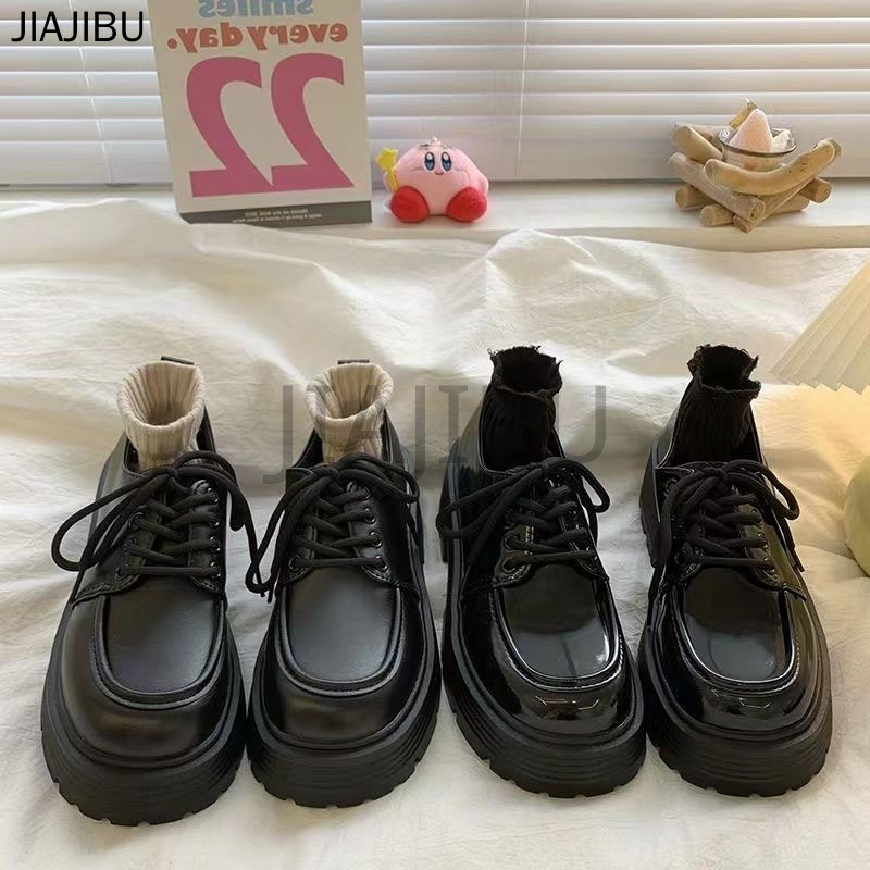 Size 34-42 Giày Nữ Size Lớn Chất Lượng Cao Giày Da Nhỏ Mũi Tròn Chống Trượt Phong Cách Anh Có Gót Dày Giày Buộc Dây Oxford Giày Đi Học Màu Đen Korean Fashion Platform Mary Jane Shoes Japanese JK Uniform Lolita Doll Shoes Giày Công Chúa Cosplay Giày Nhảy