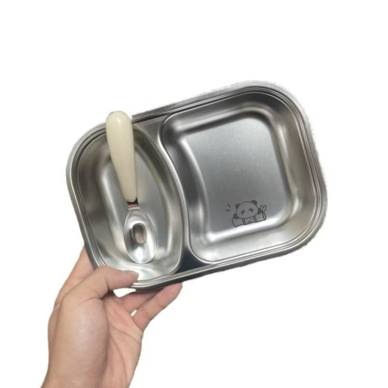 khay ăn inox 2 ngăn cho bé kèm thìa