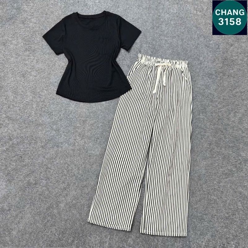Sét Bộ Quần Ống Rộng Kẻ Sọc + Mix Áo Croptop Tăm Trơn dáng bassic-CHANG 3158