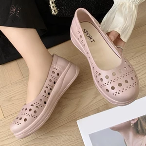 Hnkmp Mùa Hè Mới Rỗng Giày Thời Trang Đế Bằng Màu Trơn Nông Miệng Đậu Giày Nữ Mặc Bên Ngoài Lỗ Giày.