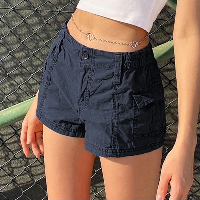 Quần Short Nữ Retro Thiết Kế Đơn Giản Thắt Lưng Co Giãn Túi Làm Việc
