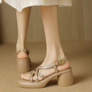 Giày cao gót mũi tròn, gót chunky cho phụ nữ, kiểu dáng thời trang rỗng