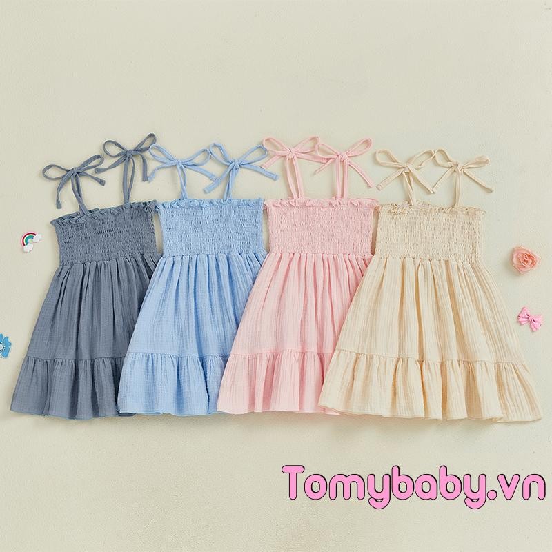 Trẻ Em Bé Gái Thắt Vai Chắc Chắn Smocked Spaghetti Dây Đeo Tầng Xù Váy
