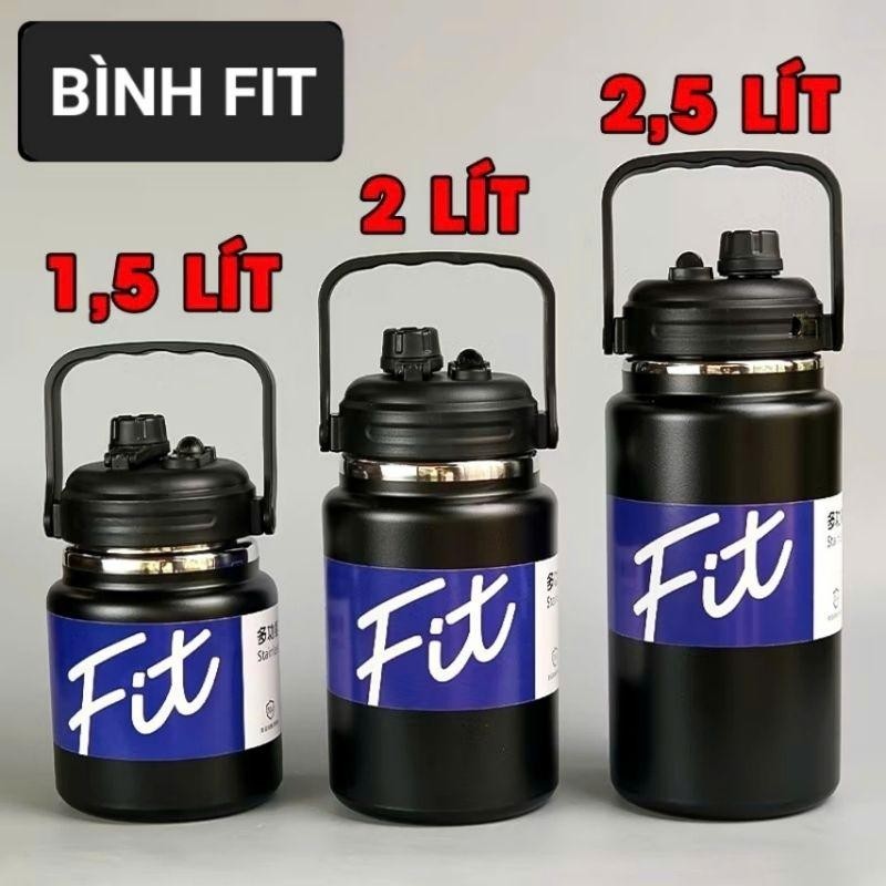 Bình giữ nhiệt dung tích lớn FIT/2000ml/1500ml miệng rộng dáng lùn trên nắp có ống hút tặng túi+cọ rửa