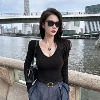 Phong Cách Mỹ Đức Nhung Nguyên Chất Desire Hot Girl Slim-fit Slimmer Nhìn Dài Tay Thiết Kế Mùa Thu 2024 Tất Cả Trận Đấu Đáy Áo Sơ Mi Nữ Top