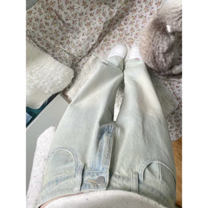 Quần jeans nữ xanh khói dáng rộng, quần bò nữ lưng cao thời trang