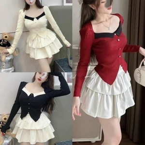 Sét áo tay dài chất thun tăm phối chân váy 2 tầng