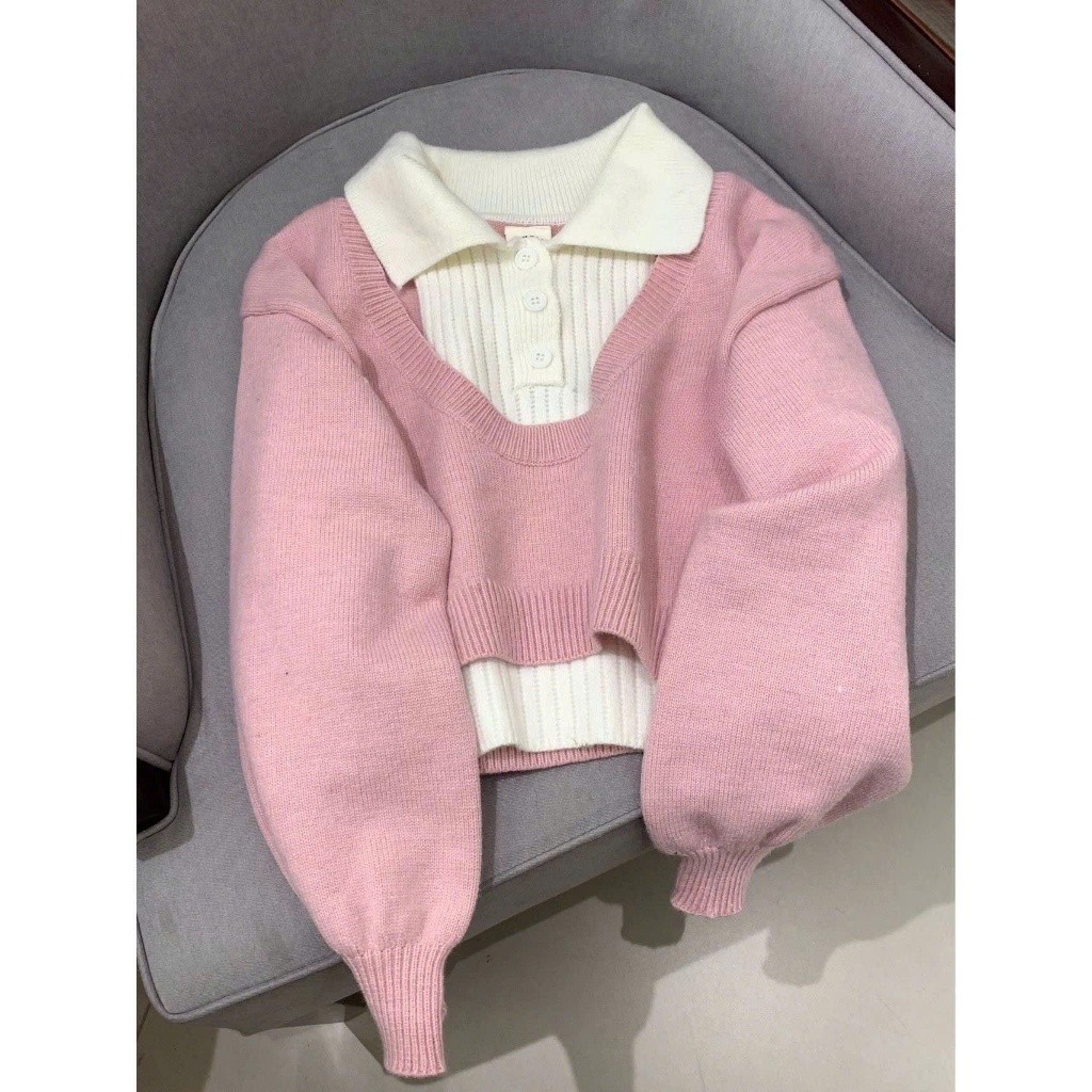 Áo len thu đông set 2 món thiết kế cổ sơ mi phối tay bồng hottrend BA SP242