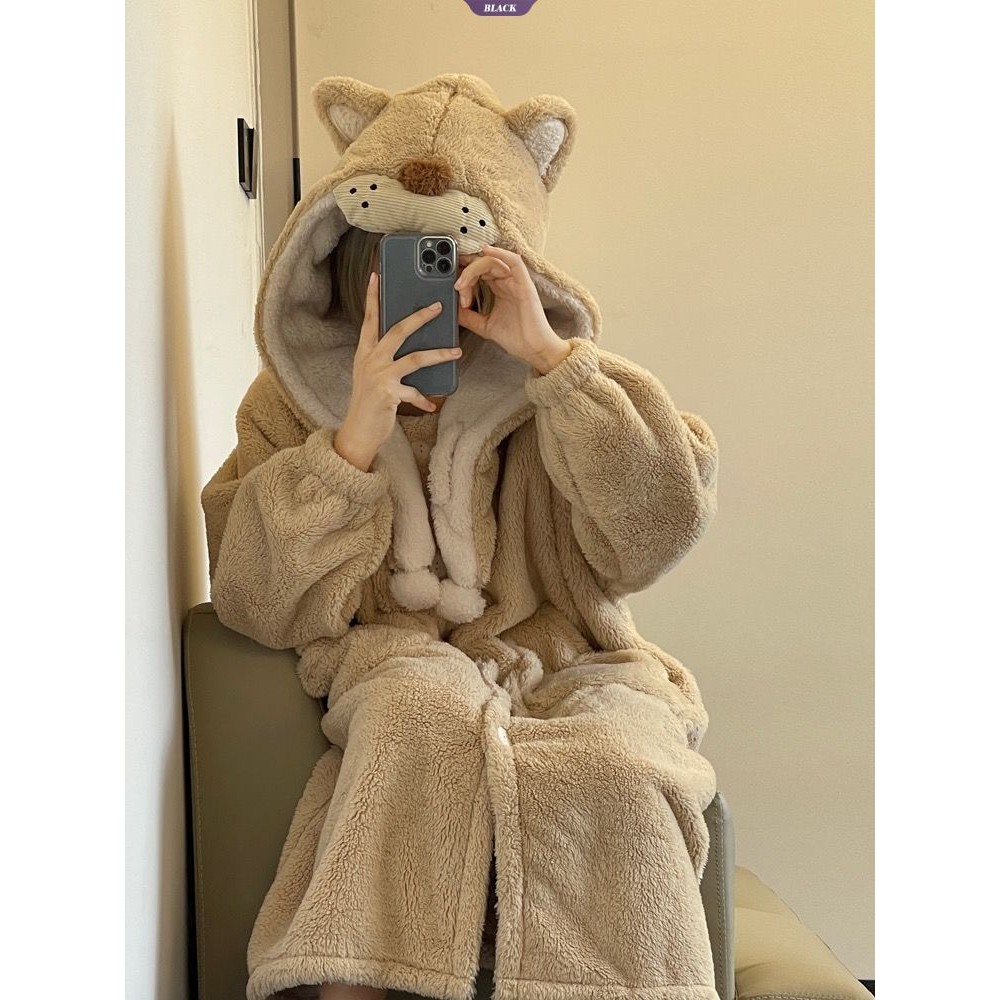 Little Lion Kirby Coral Fleece Bộ Đồ Ngủ Nữ Mùa Đông Đệm Dày Flannel Có Mũ Trùm Đầu Ấm Áp Mặc Ở Nhà Áo [BL]