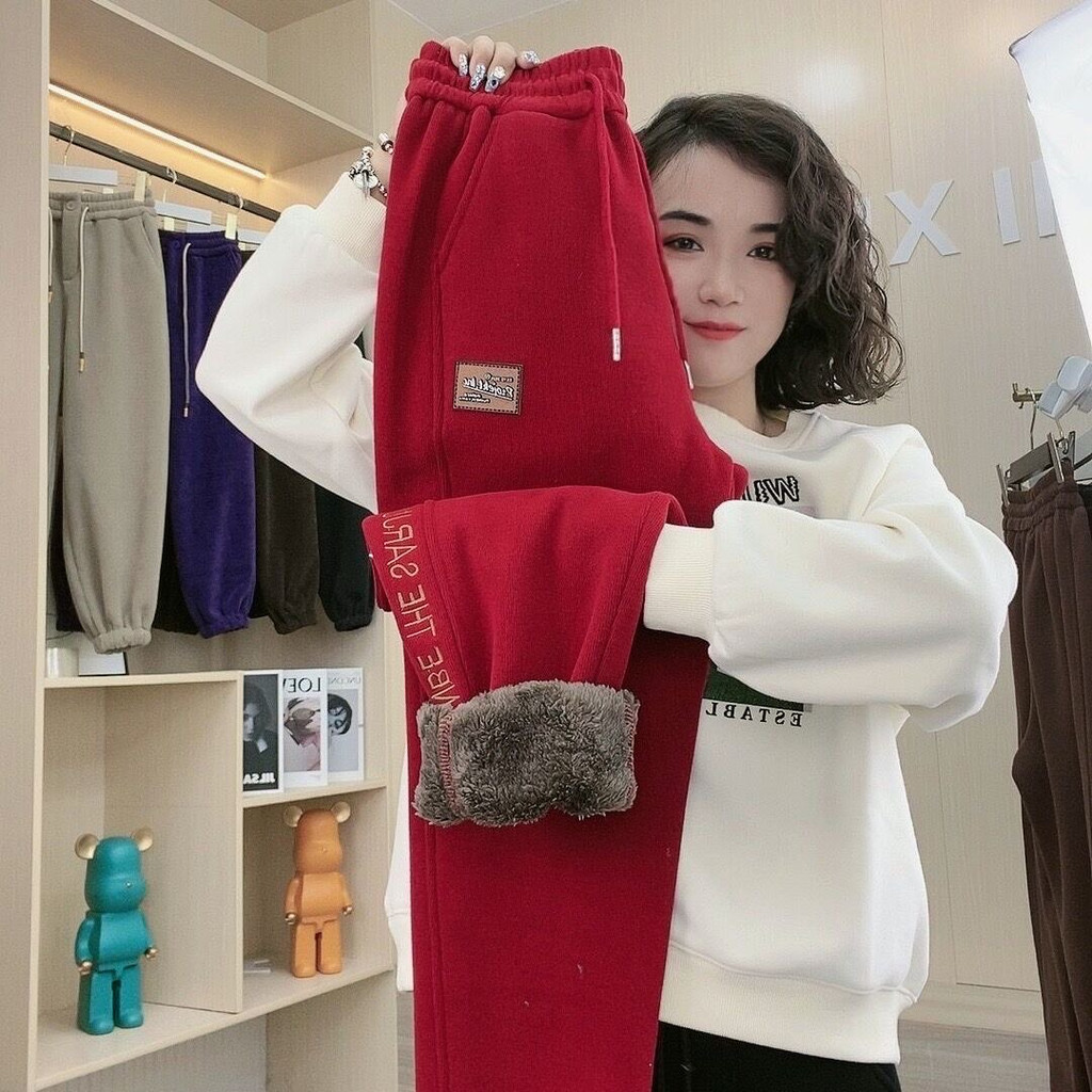 Quần thể thao quần nhung cừu thường ngày bo gấu rộng rãi mẫu mới thu đông năm 2024 cho nữ