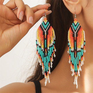 1 đôi bông tai tua rua dài hạt gạo cổ điển dành cho nữ, bông tai dệt thủ công Bohemian