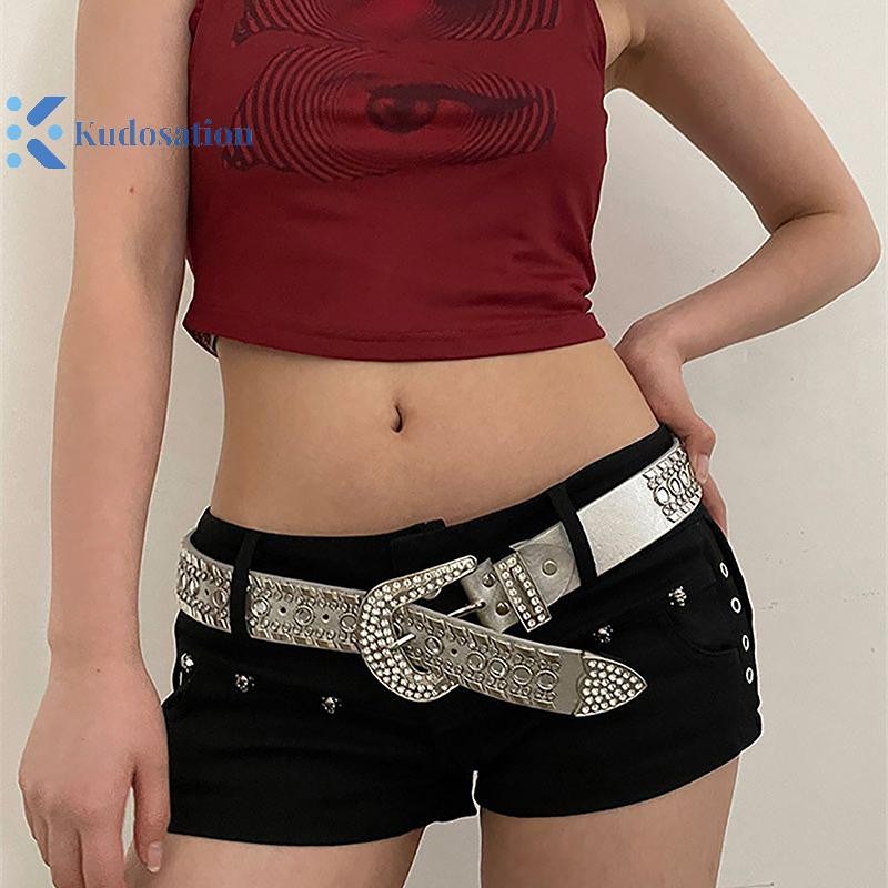 Kudosation Thời Trang Punk Y2K Kim Cương Giả Thắt Lưng Nữ Khóa Kim Loại Thời Trang Dây Thắt Lưng Quần Jean Trang Trí Cô Gái Cay Thắt Lưng