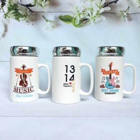 Cốc sứ giữ nhiệt có quai cầm,ca sứ uống nước nắp đậy tráng gương 400ml