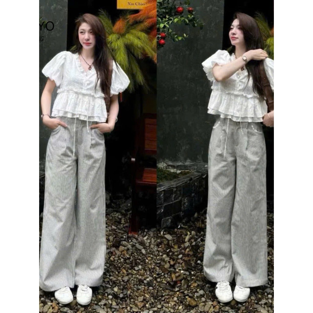Quần Kẻ Sọc Nữ Mix Dây Eo phong cách (Chất Kaki Jean) Dày Dặn Lưng Cao Tôn Dáng Mặc Thoải Mái