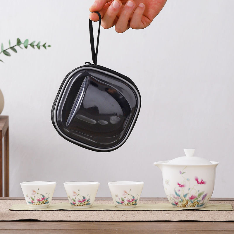 ✨Bộ trà du lịch Suet Jade & Một nồi Ba cốc & Túi xách tay & Ấm trà di động ngoài trời