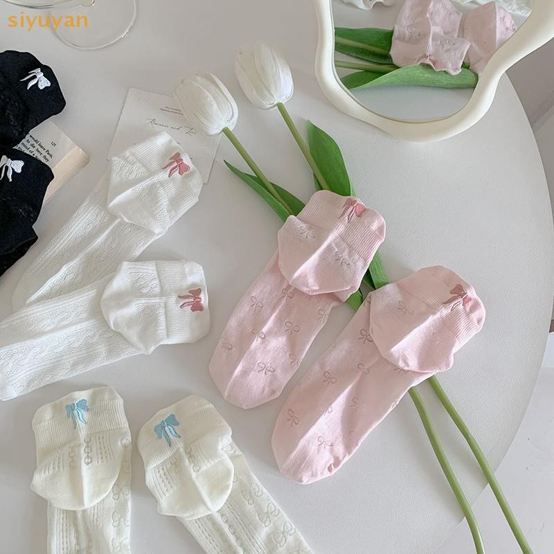 Siyuyan Thiết Kế Mới Nơ Gót Nữ Tất Ngắn Gothic Mùa Hè Mỏng Thoáng Khí Rỗng Ra Ống Thấp Tất Ins Xu Hướng Tất Cotton Trắng VN