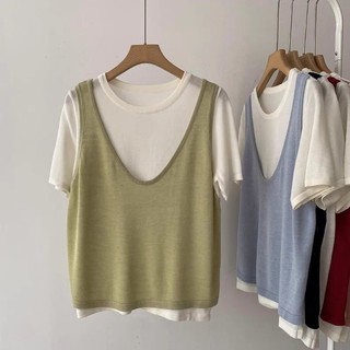 M-4XL Size Lớn Top Nữ 150kg Giả Hai Mảnh Tay Ngắn Hàng Đầu Thời Trang Rời Khâu Băng Lụa Áo Thun Tay Ngắn Nữ Mùa Hè Rời Quần Áo Đơn Giản Phù Hợp Với Béo Sister Top Size Lớn Quần Áo Nữ
