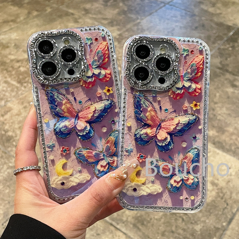 Tranh Sơn Dầu Hoa Bướm Ốp lưng iphone 16 Pro Max 16 15 14 Plus 13 12 Pro Max 11 16plus 15plus 16pro Quà Tặng Bé Gái Silicon Mềm Thời Trang Điểm Khoan Mặt Sau