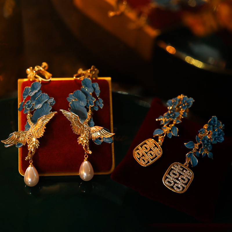 Bông Tai Phong Cách Trung Hoa Hoa Micro-Dát Đôi Hạnh Phúc Bông Tai Cung Điện Tính Khí Sườn Xám Cloisonne Kẹp Tai Phong Cách Không Xuyên Phụ Kiện 24.11.26