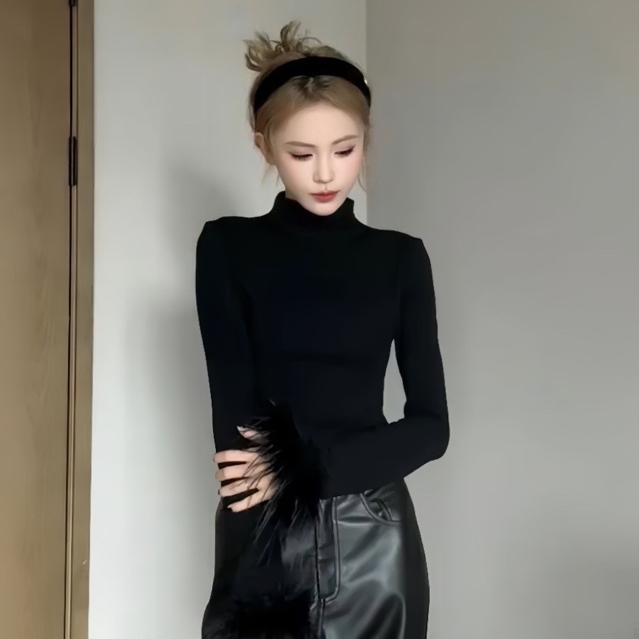 Áo dài tay kiểu Tây lót trong cổ cao lông màu đen phối ghép thu đông mẫu mới Milyfashion áo ôm dáng tôn dáng
