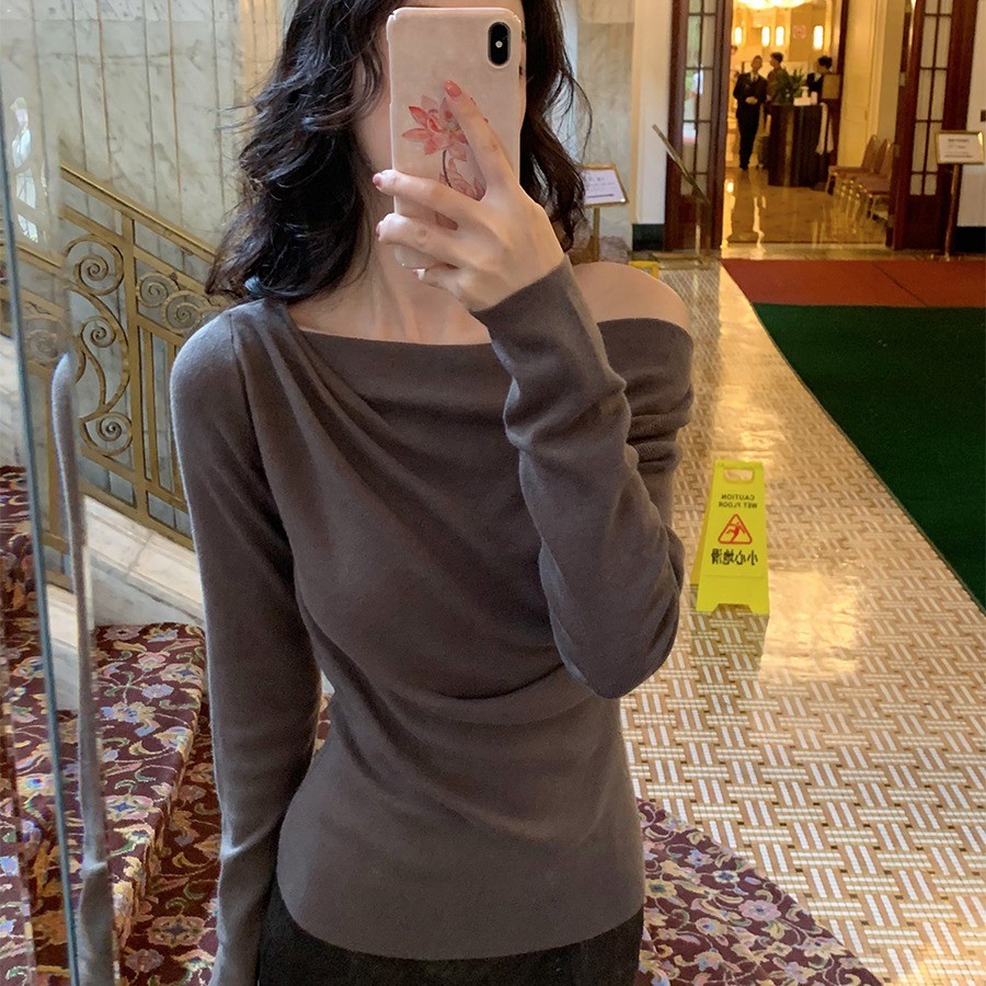 Suxi Casual Màu Trơn Đơn Giản Một Cổ Tắt Vai Slim Fit Áo Thun Dài Tay Nữ Top 241213