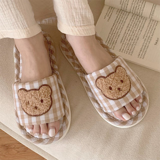 XITIAO Dép Lê Nữ Bằng Vải Lanh Mới Đế Mềm Họa Tiết Gấu Kẻ Caro Dễ Thương Phù Hợp Cho Mọi Mùa