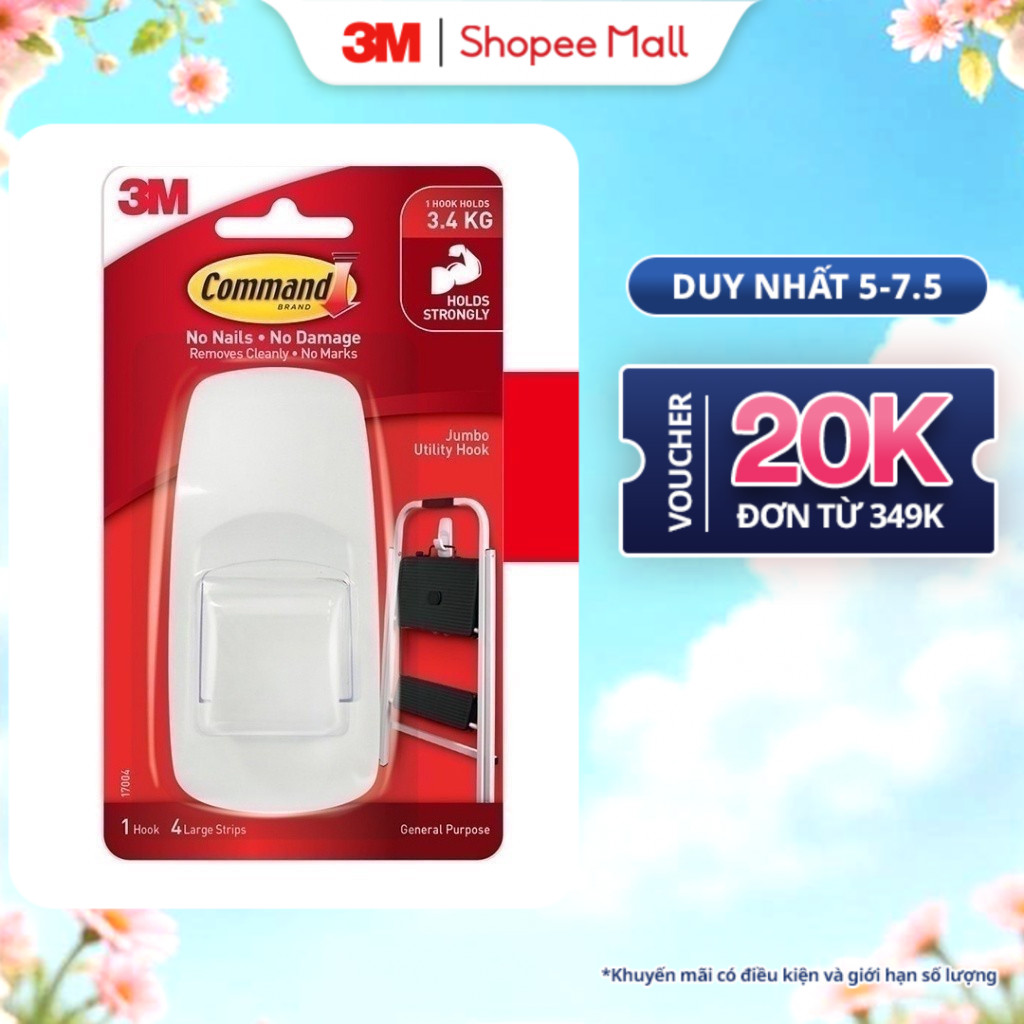 Ảnh Móc dán tường Jumbo 3M™ Command™, 17004ANZ, độ bền cao, bám cực chắc, chịu lực 3.4kg, vỉ 1 cái, Dùng sắp xếp nhà cửa 1