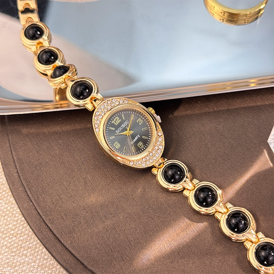 Đồng hồ nữ Bộ kim cương hình elip Vòng tay đá quý màu kho báu Fortune Treasure Đồng hồ thạch anh nữ Năm màu để lựa chọn: Trắng, Hồng, Đen, Đỏ, Xanh lục