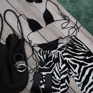 Đồ Bơi Nữ Màu Đen Ngựa Vằn In Quần Dài Dây Ba Mảnh Bikini Đồ Bơi