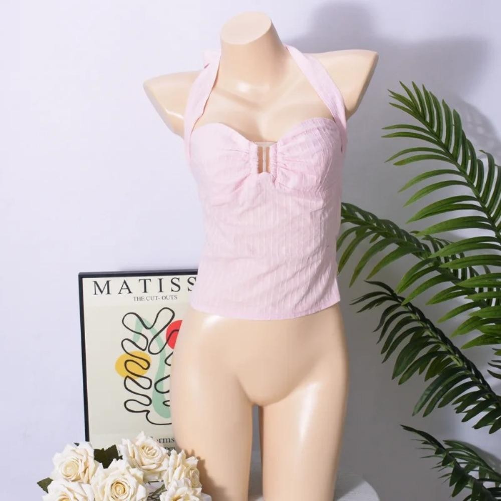 Áo không tay xếp ly NORBORTO, Áo Vest dây đeo vai buộc dây màu hồng sang trọng, thời trang màu trơn Slim Fit dành cho nữ thường ngày Top kỳ nghỉ mùa hè