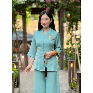 Set đồ lụa bà lai thêu bồ đề, thời trang nữ lụa đi chùa