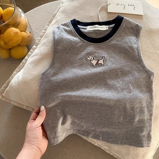 Áo phông không tay hoạt hình trẻ em cotton mùa hè, Ba Lỗ thêu hình chó con phong cách phương Tây cho bé trai bé gái
