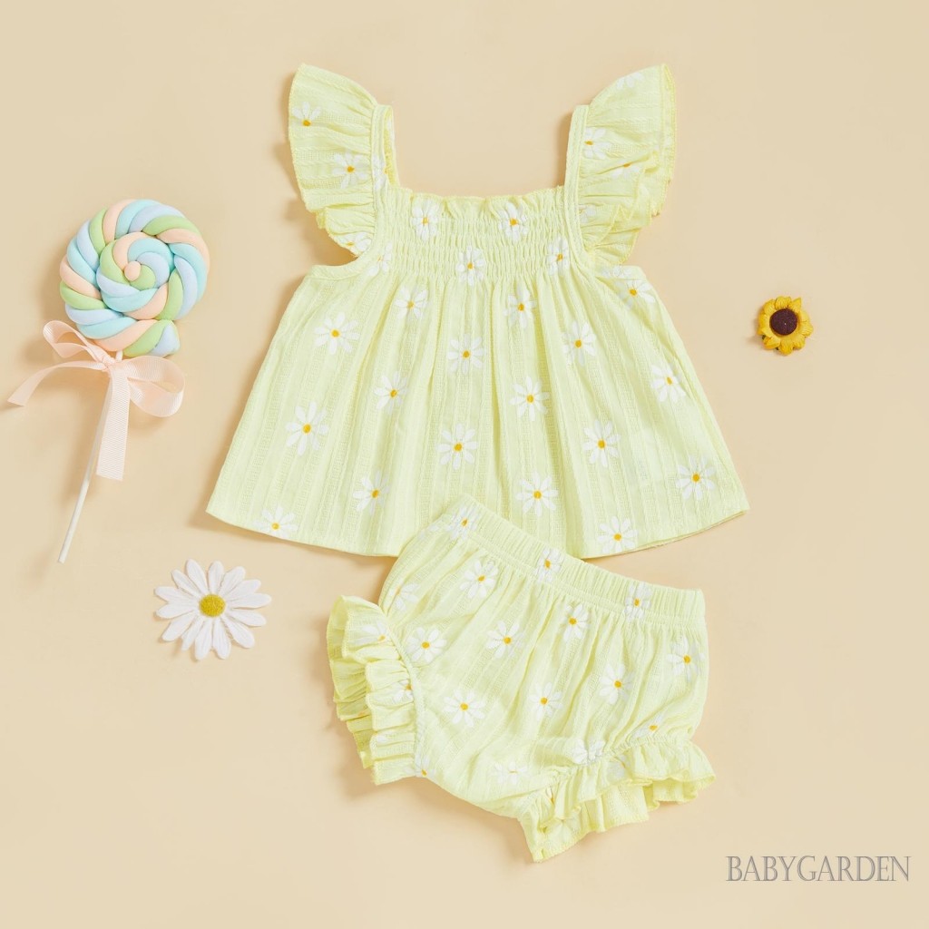 / / -Baby Girl Daisy 2 Cái Bộ Smocked Bay Tay Áo Babydoll Co Giãn Eo Quần Short Ruffle Quần Short Quần Áo Mùa Hè Dễ Thương