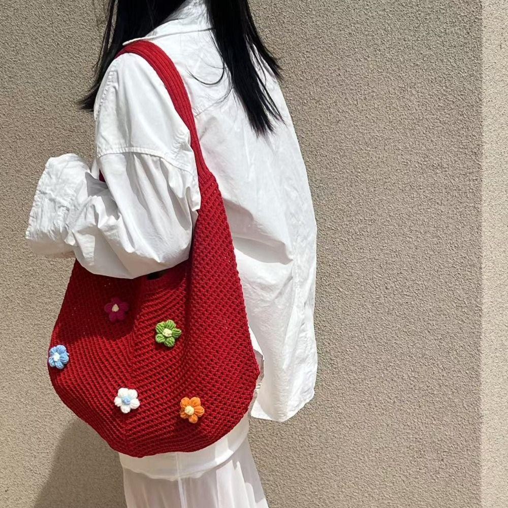 Túi dệt hoa Boho rỗng, túi đeo vai dung tích lớn màu trơn, túi đeo chéo nữ