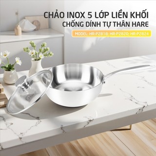 Chảo inox 5 lớp liền khối Hare HR P2818 chống sính tự thân, tay cầm cách nhiệt, bảo hành 12 tháng