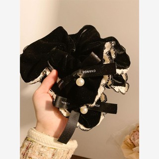 Dây buộc tóc công chúa phong cách Pháp Hepburn, nơ nhung đen, khăn vuông, scrunchie cho phụ nữ, hình vuông