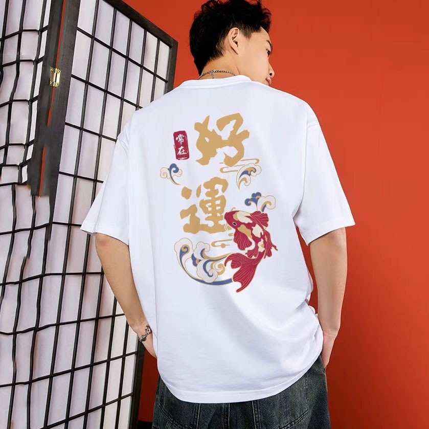 Trung Quốc Retro Mới 2025 Sáng Tạo Cá Koi In Cổ Tròn Ngắn Tay Áo T-Shirt Unisex