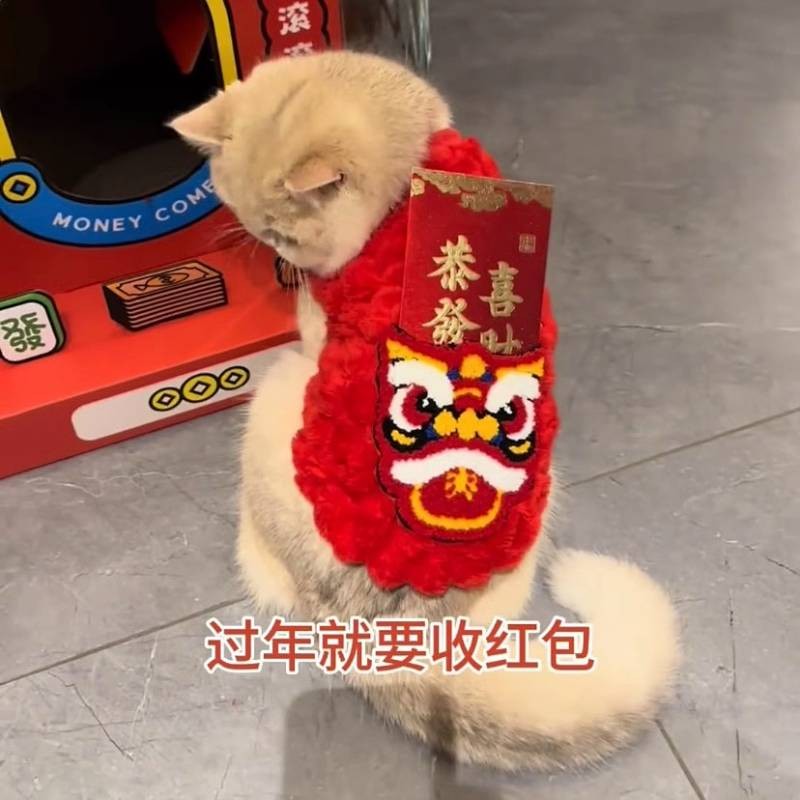【Ready Stock】 Cat Chinese New Year Clothes Red Festive Muppet Blue Cat Gold Gradually Layer Autumn and Winter Warm Fluffy Jacket Pet Dog New Year Dress IWXX