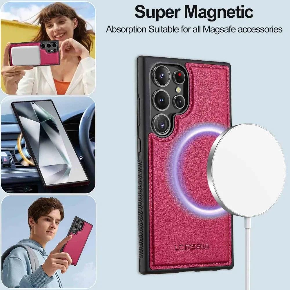 Ví có thể tháo rời Khe cắm thẻ Hộp đựng bằng da PU cho Samsung Galaxy S25 Ultra S24 FE S21 S20 S23 S22 + Plus A55 A54 A35 A16 A15 A14 5G Chân đế từ tính Dây đeo cổ tay chống sốc
