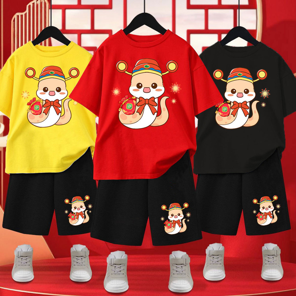Bộ Áo thun in hình rắn năm 2025 CNY Áo phông & Quần đùi rộng ngoại cỡ cho trẻ em hoàn hảo cho lễ kỷ niệm Tết Nguyên Đán