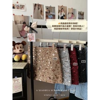 ▲ chân váy chữ a dáng ngắn cạp cao ▲ Chock thiết kế nữ tính cảm giác sequin vàng váy đa năng dành cho nữ mùa đông mới lưng cao hông ngắn