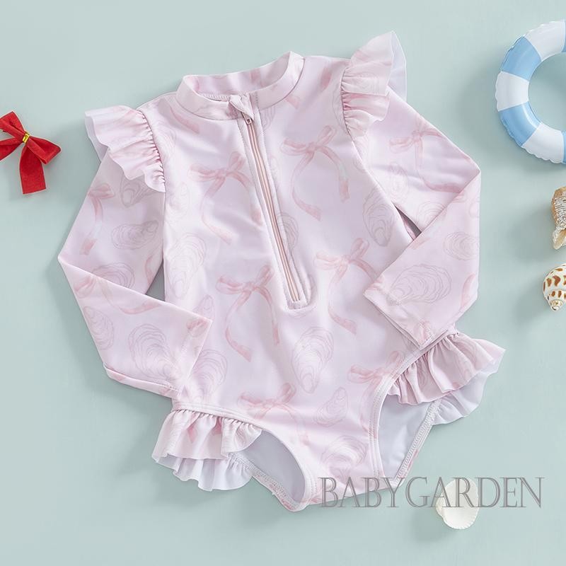 / / -6Month-4years Trẻ Em / Bé Gái Rash Guard Đồ Bơi Nơ Họa Tiết Kéo Dài Tay Đứng Cổ Áo Đồ Bơi Một Mảnh